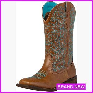 Western Cowgirl Boots Wide Square Toe Mid Calf Pull On Embroidered
